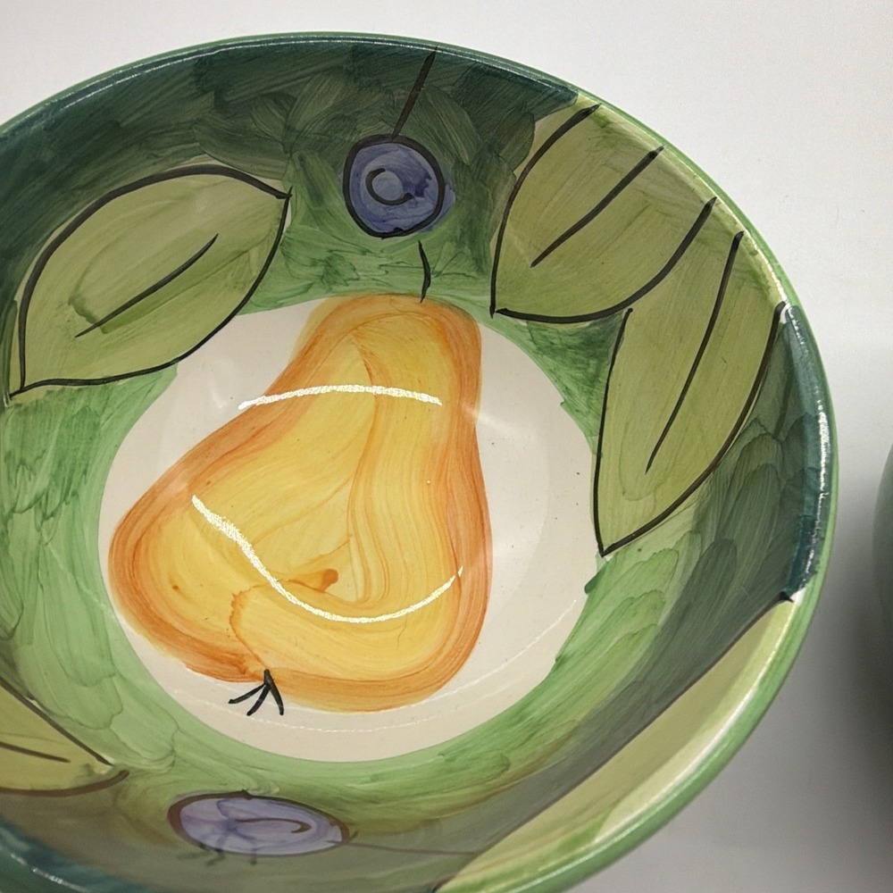 Bob Mackie Cereal Dessert Bowl Pears Grapes Fruit Bright Yellow Green Set Of 2 - Picture 4 of 14